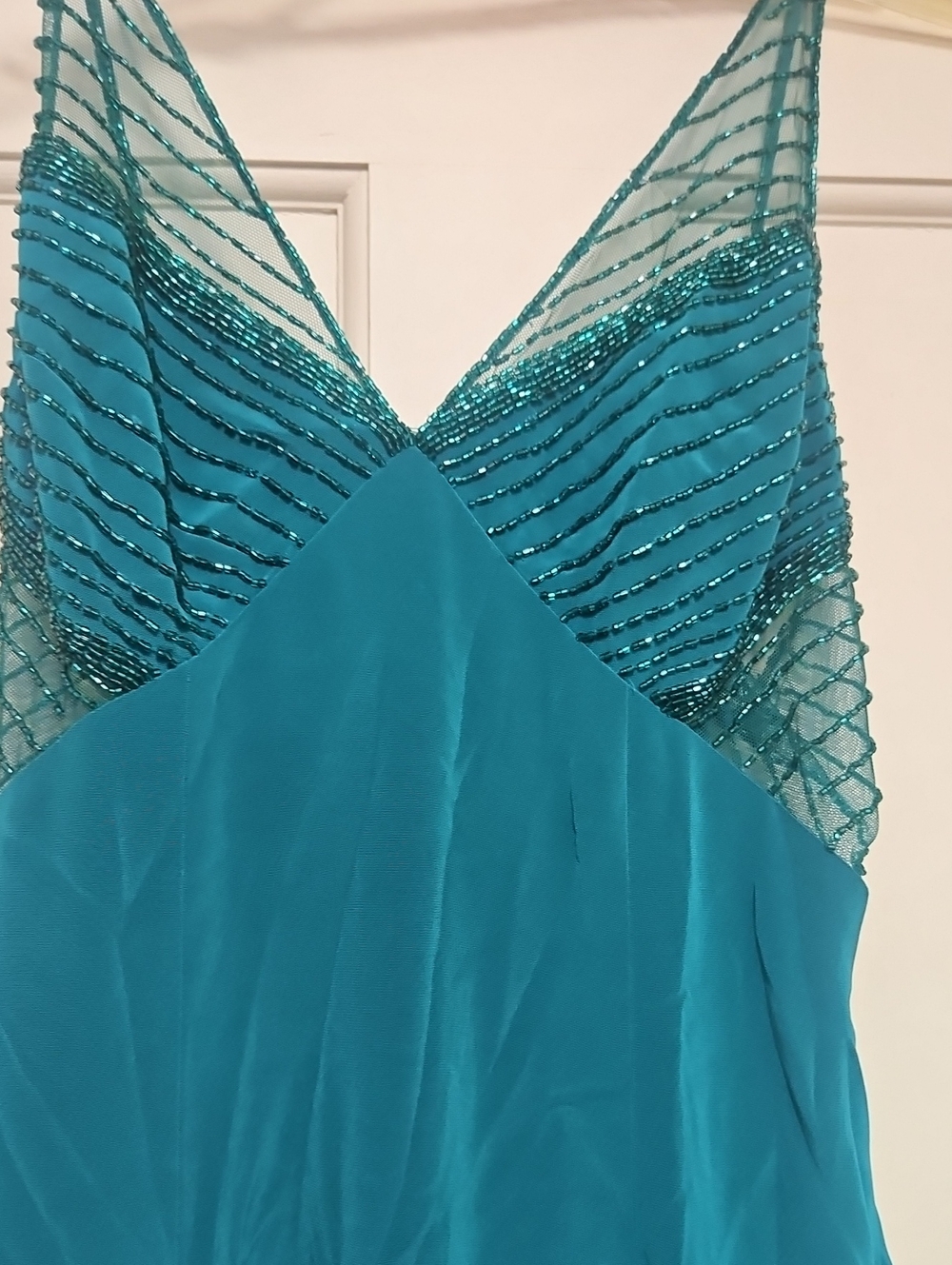 Holiday Party Teal Beaded V-Neck Slip Dress Gown